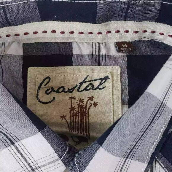 Coastal Shirt Men's Medium Plaid Button Front Long Sleeve Collared Blue White - Picture 5 of 5